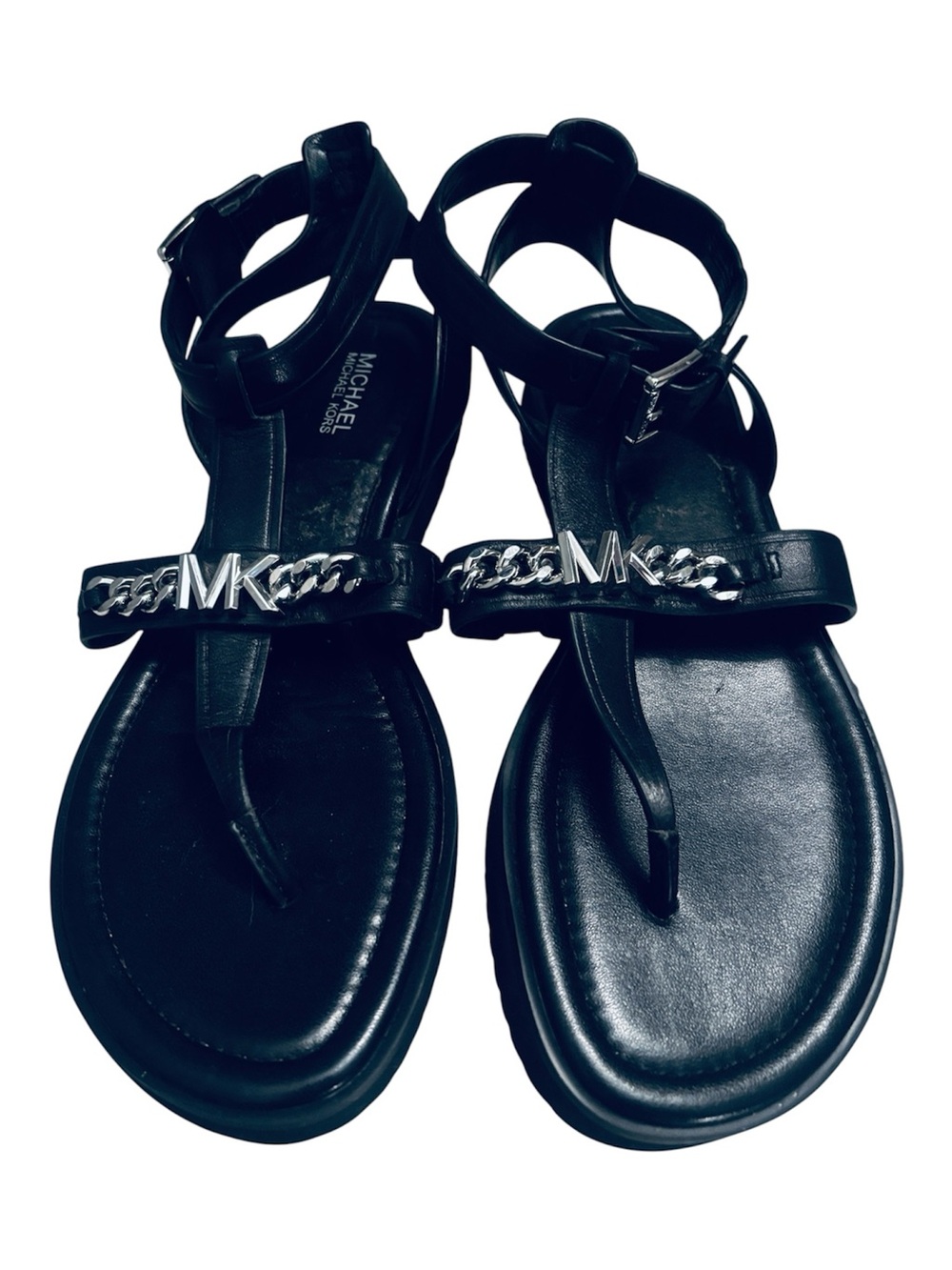 Michael Kors Black Leather Thong Sandals Silver Chain MK Logo Hardware Size 7.5